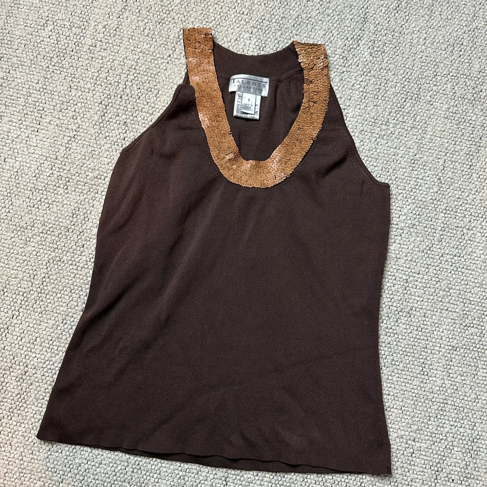 Talbots Brown Tank Top with Gold Sequin Trim